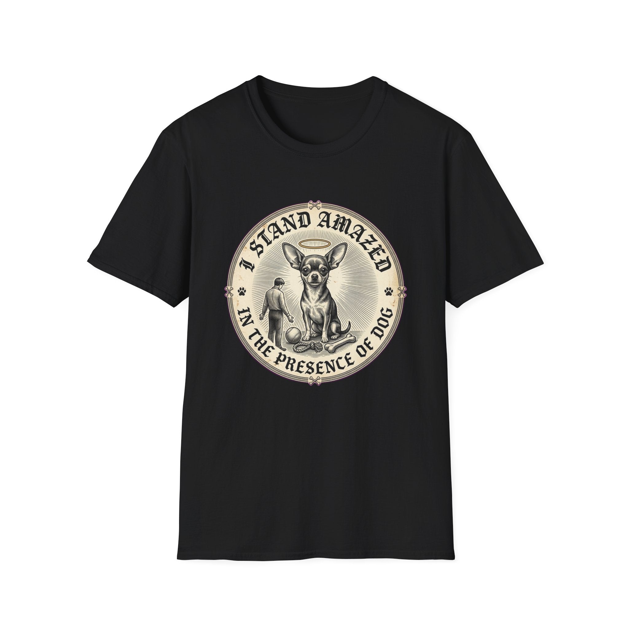 I Stand Amazed Chihuahua T-Shirt in black, flat lay front view featuring a vintage-style circular graphic of a Chihuahua with a halo seated above a small human figure bowing in reverence, with the text 'I Stand Amazed in the Presence of Dog.'