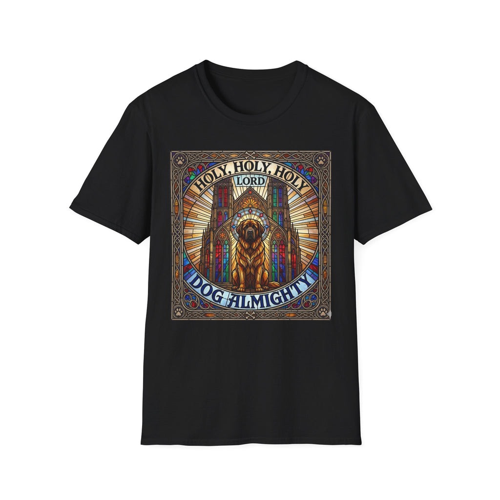 Holy Holy Holy St Bernard T-Shirt flat lay on black, featuring a stained-glass-style illustration of a St Bernard seated before cathedral arches with the text 'Holy Holy Holy Lord Dog Almighty'.
