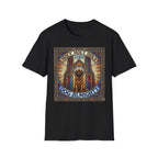 Holy Holy Holy St Bernard T-Shirt flat lay on black, featuring a stained-glass-style illustration of a St Bernard seated before cathedral arches with the text 'Holy Holy Holy Lord Dog Almighty'.