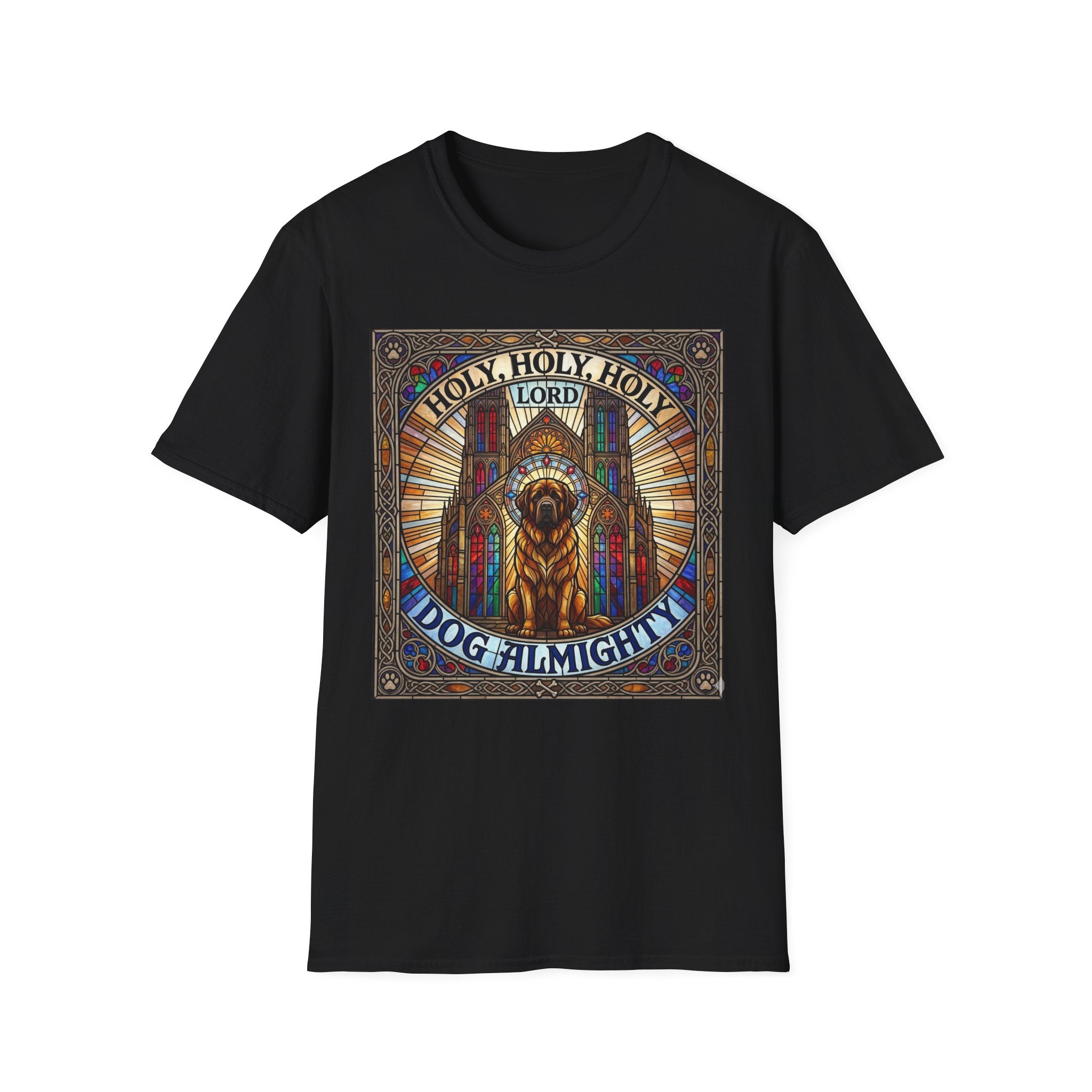 Holy Holy Holy St Bernard T-Shirt flat lay on black, featuring a stained-glass-style illustration of a St Bernard seated before cathedral arches with the text 'Holy Holy Holy Lord Dog Almighty'.