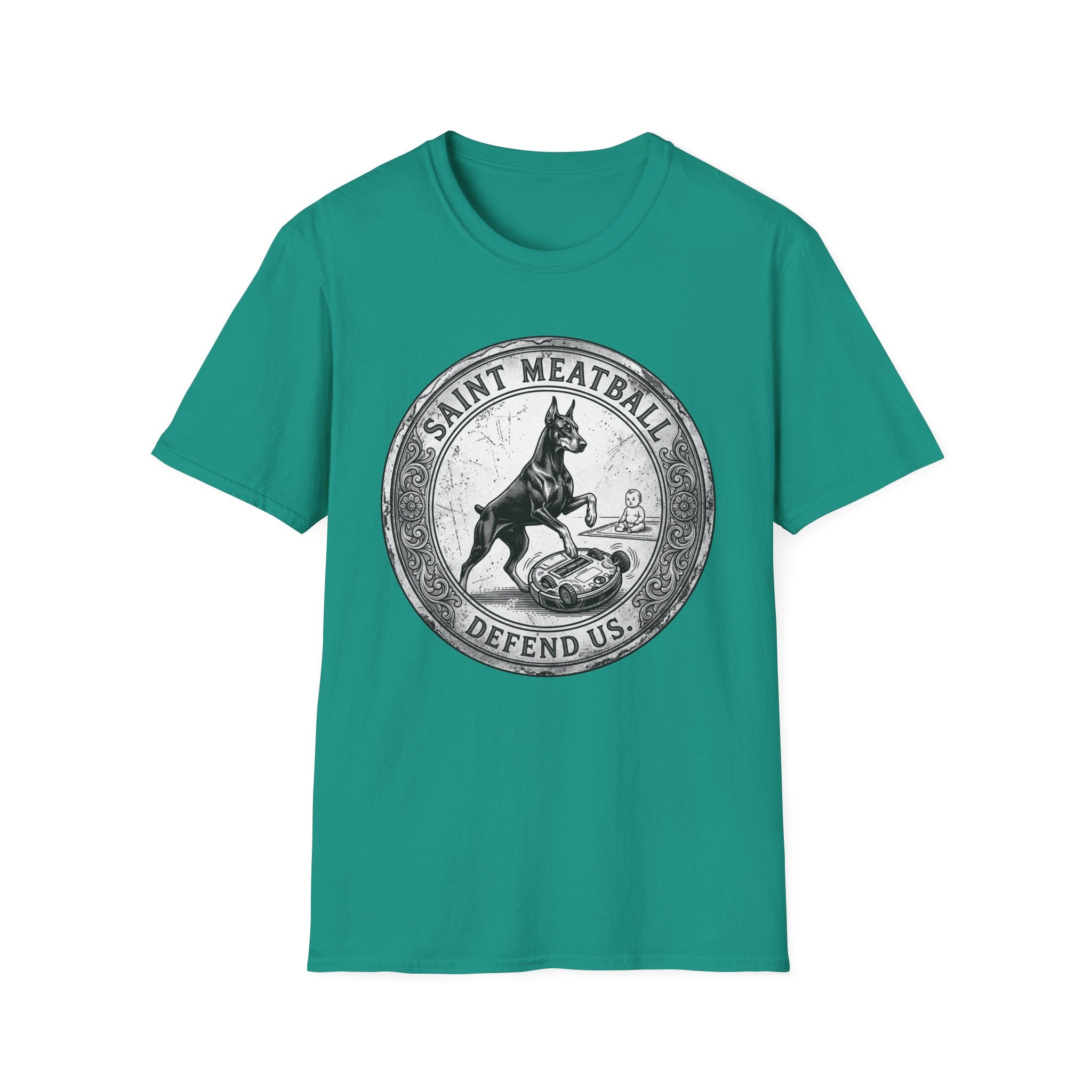 Saint Meatball Defend Us T-Shirt flat lay on teal shirt featuring a vintage medallion design with a Doberman Pinscher saint and the text Saint Meatball Defend Us.