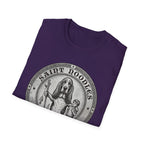 Saint Noodles Guide Us T-Shirt folded flat lay in purple, showing the 'Saint Noodles' medallion graphic with a basset hound holding a staff with a fish.