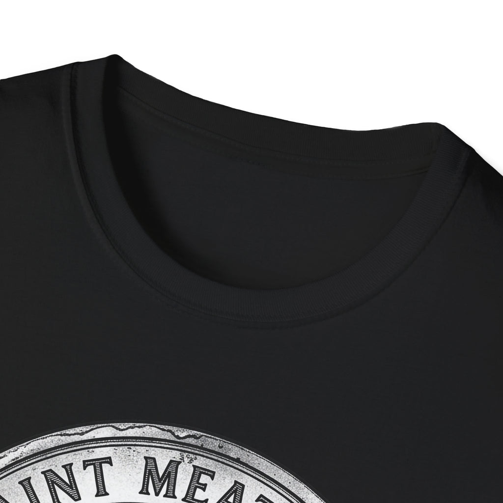 Saint Meatball Defend Us T-Shirt close-up detail shot on black shirt showing the neckline and top of the Saint Meatball Doberman medallion graphic.