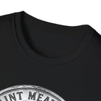 Saint Meatball Defend Us T-Shirt close-up detail shot on black shirt showing the neckline and top of the Saint Meatball Doberman medallion graphic.
