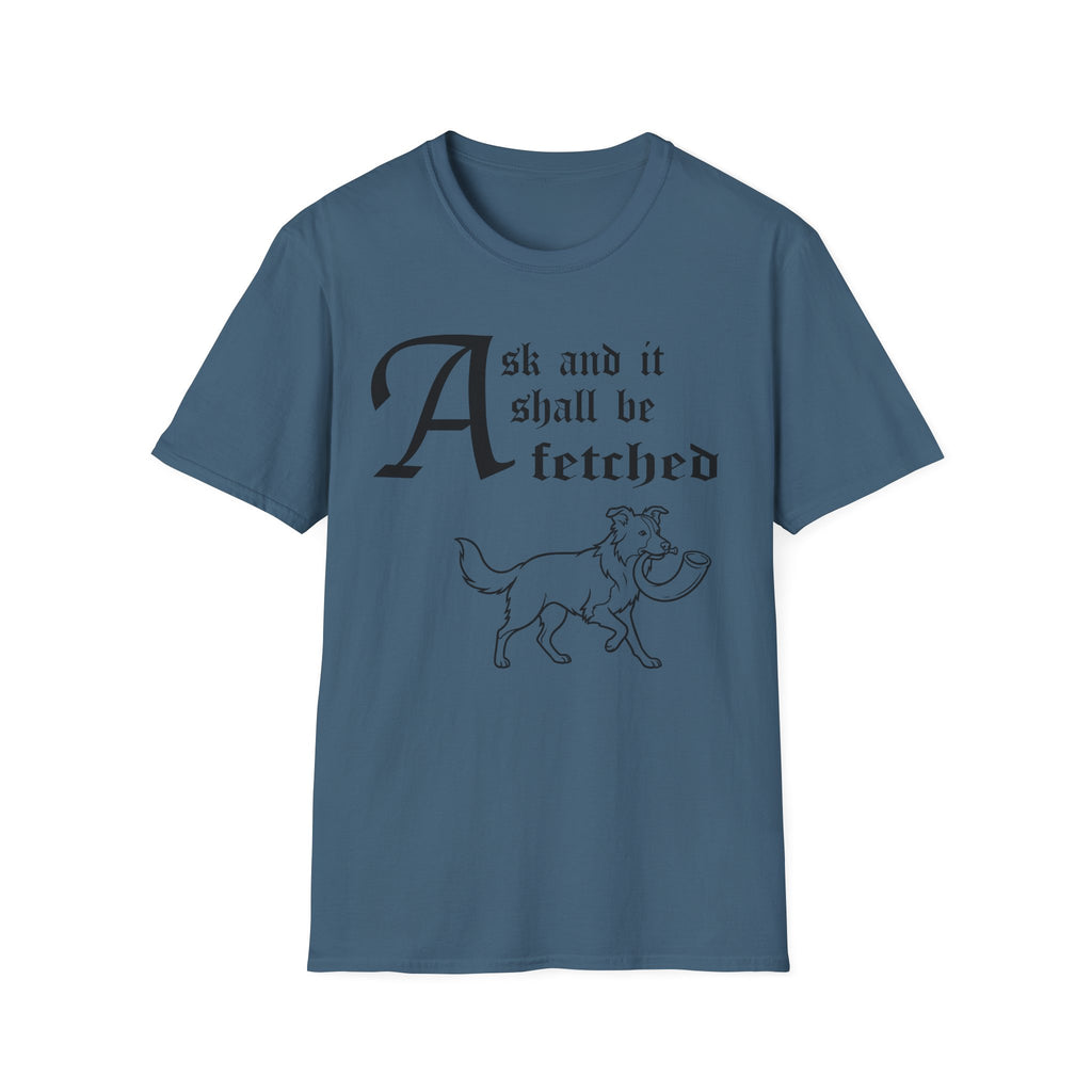 Border Collie Ask and It Shall Be Fetched T-Shirt flat lay on sage green shirt featuring a Shel Silverstein-style pen-and-ink illustration of a Border Collie proudly trotting with a dove held gently in its mouth and the text 'Ask and it shall be fetched.'