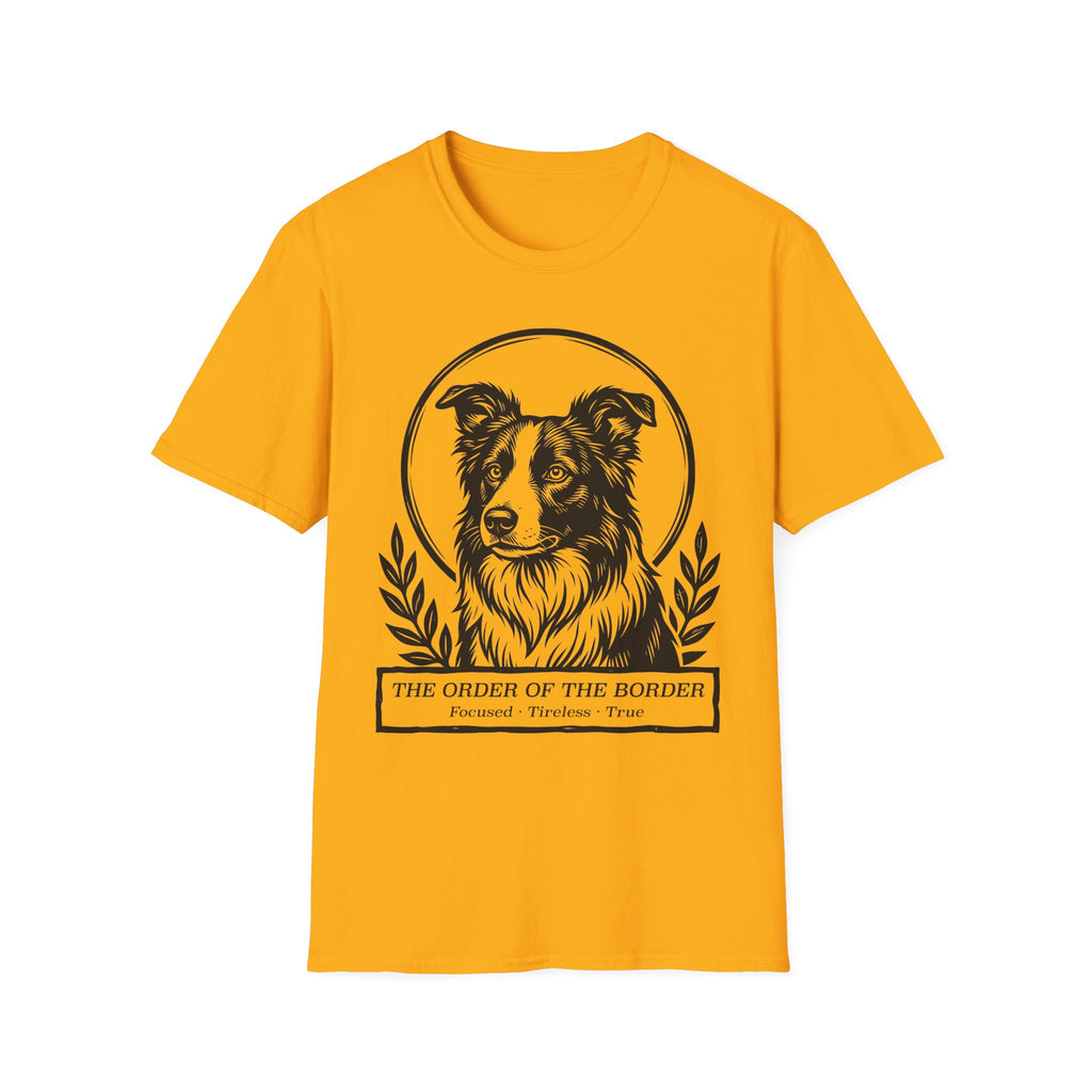 Holy Orders | Border Collie T-Shirt flat lay on white shirt featuring a stained glass style illustration of a Border Collie depicted as a holy figure with a golden halo and the text 'Holy Orders.'