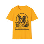 Holy Orders | Border Collie T-Shirt flat lay on white shirt featuring a stained glass style illustration of a Border Collie depicted as a holy figure with a golden halo and the text 'Holy Orders.'
