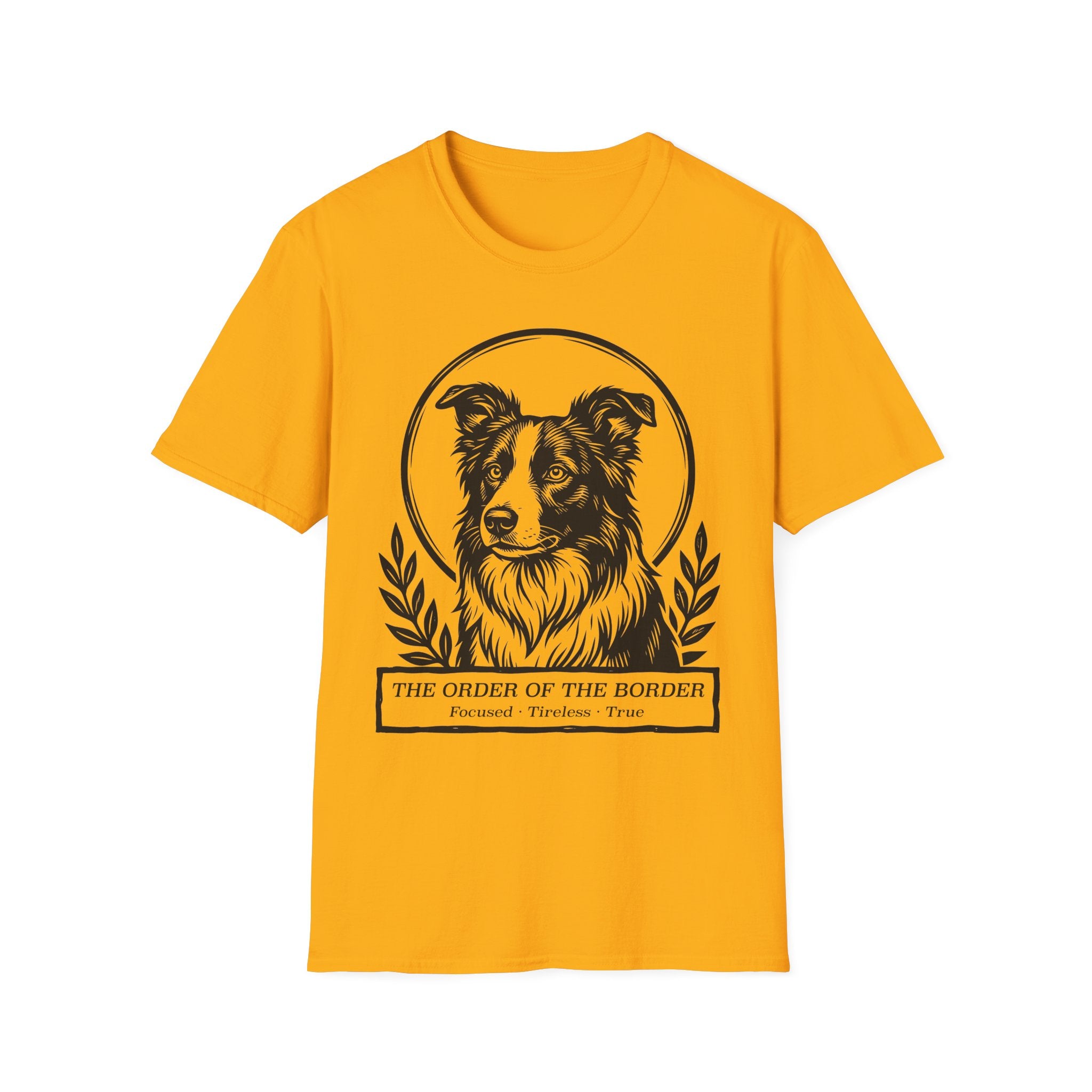 Holy Orders | Border Collie T-Shirt flat lay on white shirt featuring a stained glass style illustration of a Border Collie depicted as a holy figure with a golden halo and the text 'Holy Orders.'
