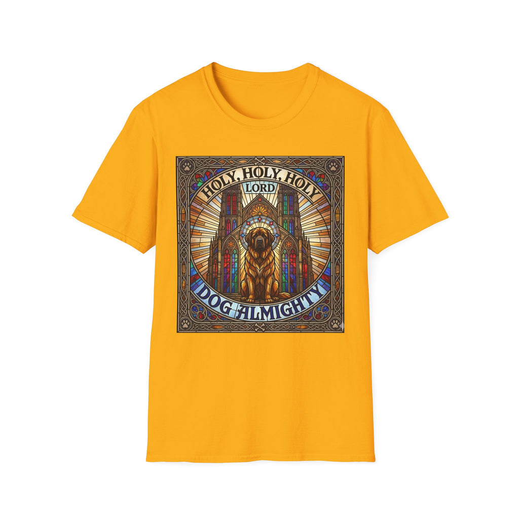Holy Holy Holy St Bernard T-Shirt flat lay on gold, featuring a stained-glass-style illustration of a St Bernard seated before cathedral arches with the text 'Holy Holy Holy Lord Dog Almighty'.