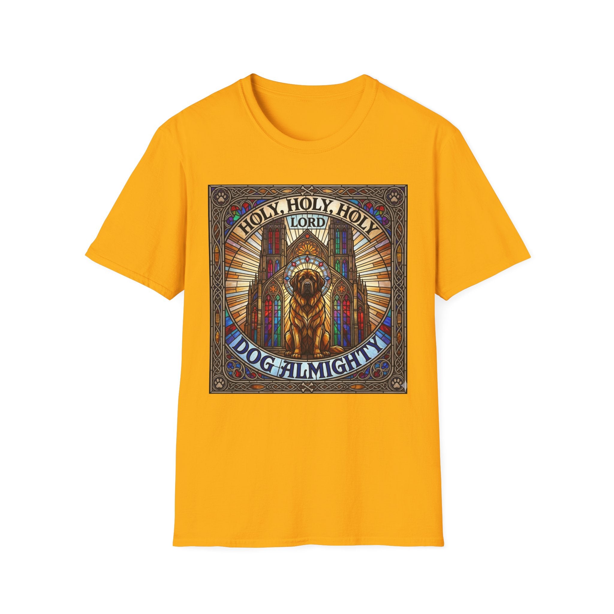 Holy Holy Holy St Bernard T-Shirt flat lay on gold, featuring a stained-glass-style illustration of a St Bernard seated before cathedral arches with the text 'Holy Holy Holy Lord Dog Almighty'.