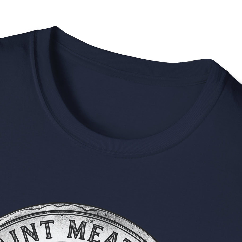 Saint Meatball Defend Us T-Shirt close-up detail shot on navy blue shirt showing the neckline and top of the Saint Meatball Doberman medallion graphic.