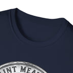 Saint Meatball Defend Us T-Shirt close-up detail shot on navy blue shirt showing the neckline and top of the Saint Meatball Doberman medallion graphic.