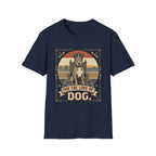 For the Love of Dog Pitbull T-Shirt flat lay on navy shirt featuring a regal pitbull seated on a throne wearing a crown, with the text 'For the Love of Dog' in a vintage ornate frame with paw prints and bones.