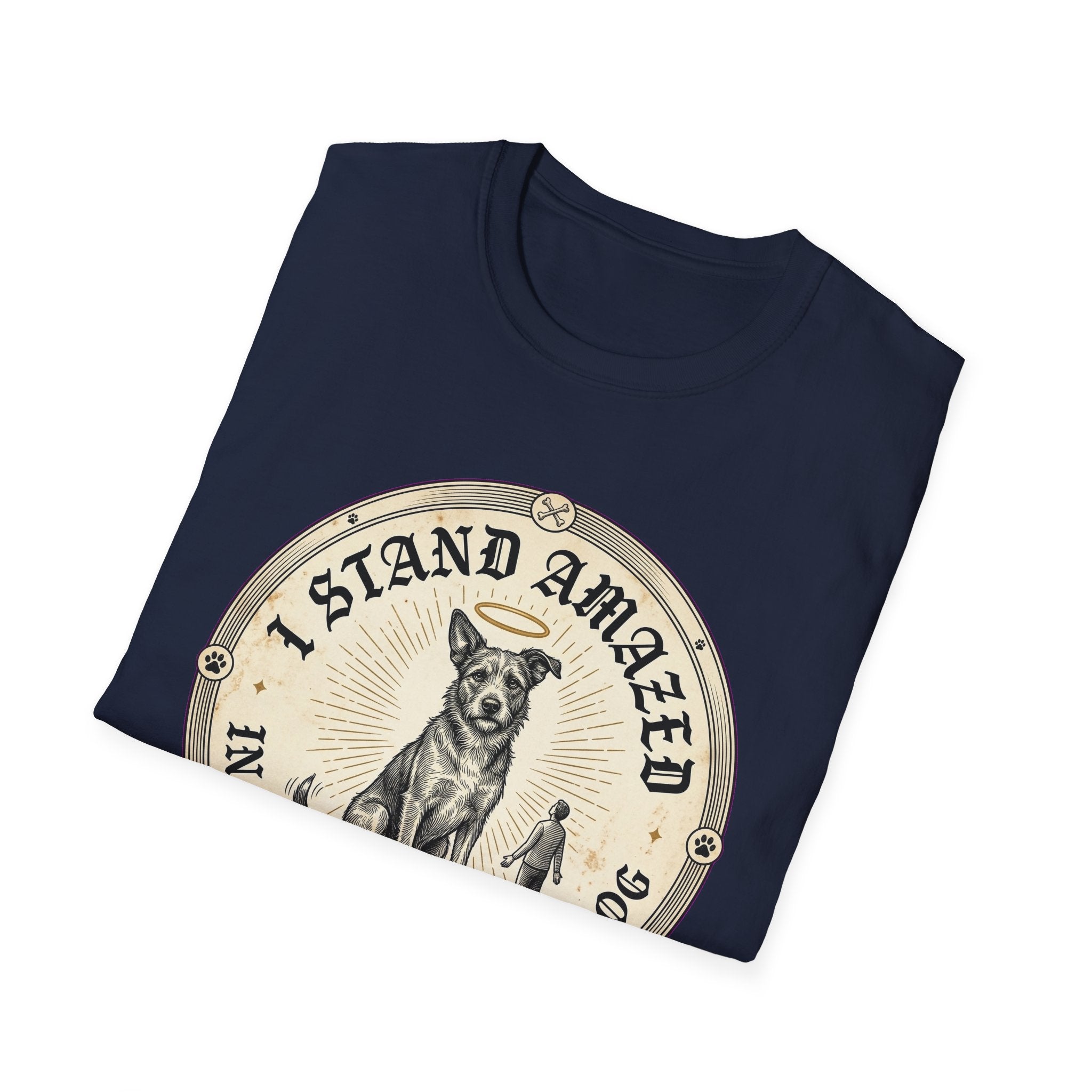 I Stand Amazed Rescue Mutt T-Shirt in navy, folded view showing the front graphic of the rescue mutt design with halo and 'I Stand Amazed' text.