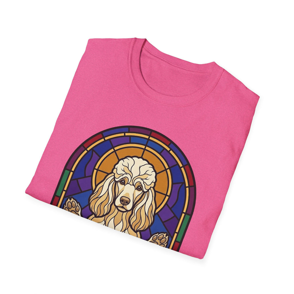 Let Go Let Dog Poodle T-Shirt, folded pink tee showing the stained-glass poodle graphic with halo on the front.