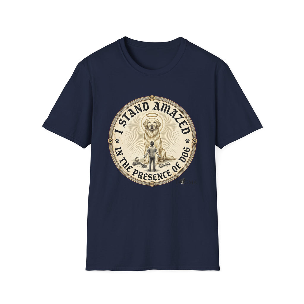 I Stand Amazed Golden Retriever T-Shirt flat lay in navy, featuring a circular vintage-style graphic of a golden retriever with a halo and the text "I Stand Amazed in the Presence of Dog" with Dogma House branding.