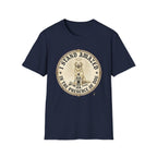 I Stand Amazed Golden Retriever T-Shirt flat lay in navy, featuring a circular vintage-style graphic of a golden retriever with a halo and the text "I Stand Amazed in the Presence of Dog" with Dogma House branding.