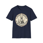 I Stand Amazed Pitbull T-Shirt in navy, flat lay front view showing a vintage-style circular graphic of a pitbull with a halo seated above a small human figure, with the text 'I Stand Amazed in the Presence of Dog.'