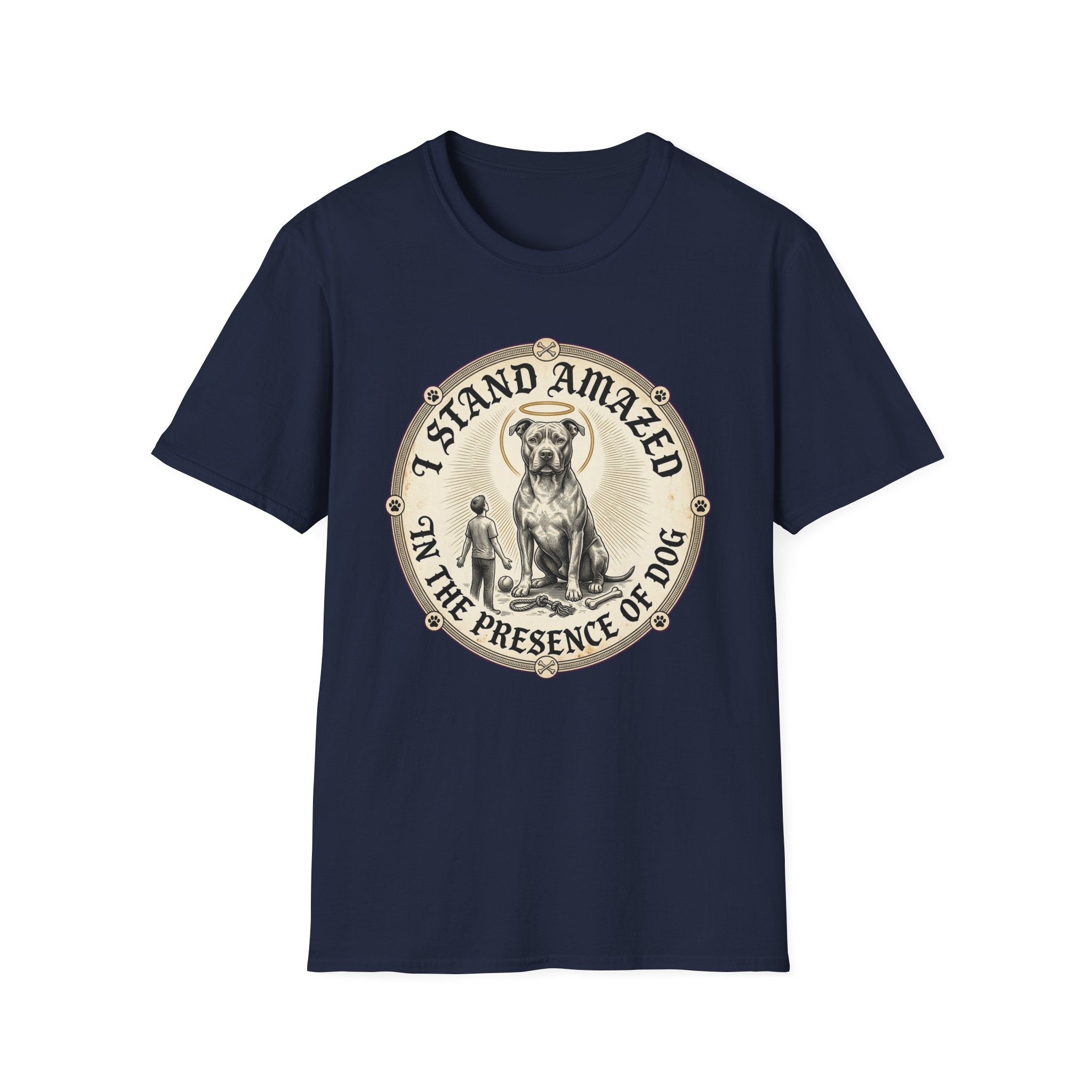 I Stand Amazed Pitbull T-Shirt in navy, flat lay front view showing a vintage-style circular graphic of a pitbull with a halo seated above a small human figure, with the text 'I Stand Amazed in the Presence of Dog.'