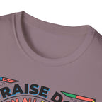 Praise Dog From Whom All Blessings Flow Geometric T-Shirt close-up detail of the collar area on a dusty mauve shirt, showing the colorful pop-art border of the Praise Dog graphic.