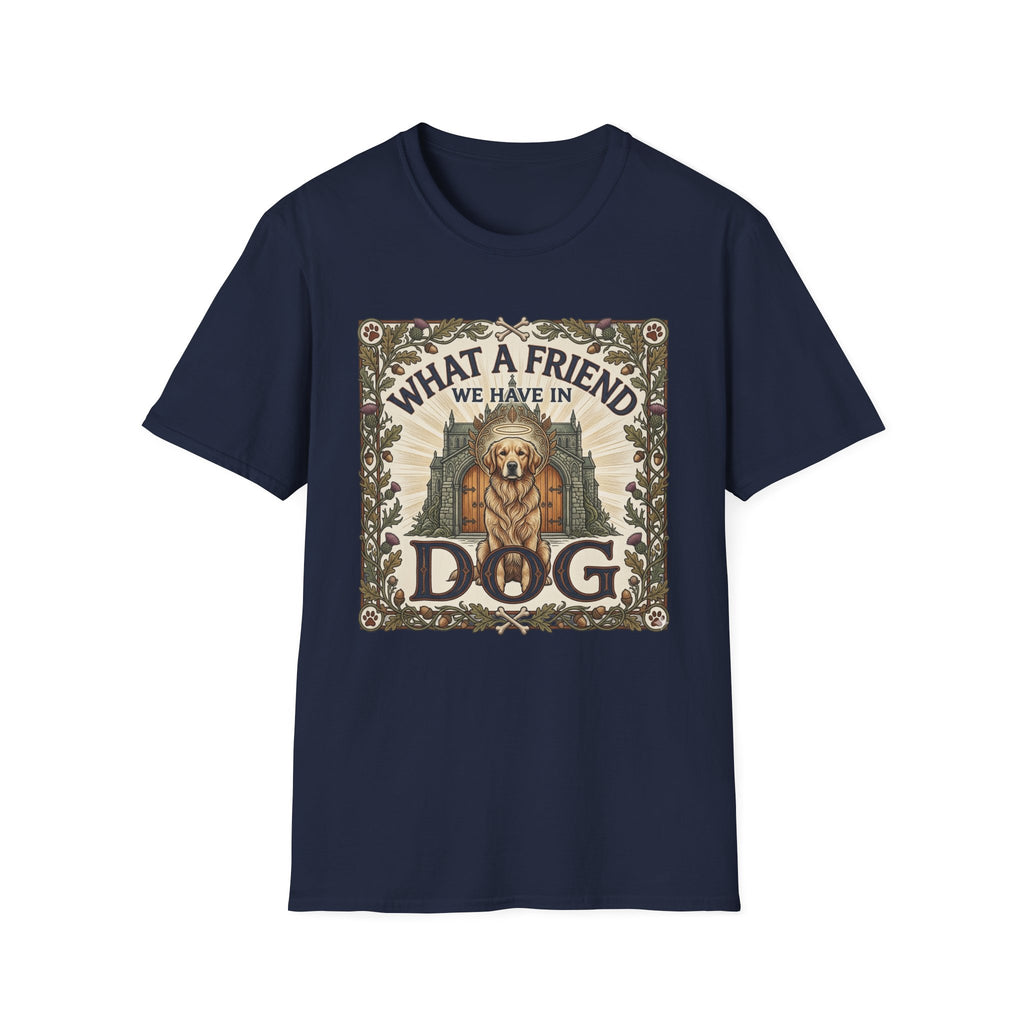 What a Friend We Have in Dog T-Shirt flat lay, navy blue shirt featuring a vintage botanical-framed graphic of a golden retriever with a halo seated before a cathedral archway with the text 'What a Friend We Have in Dog.'