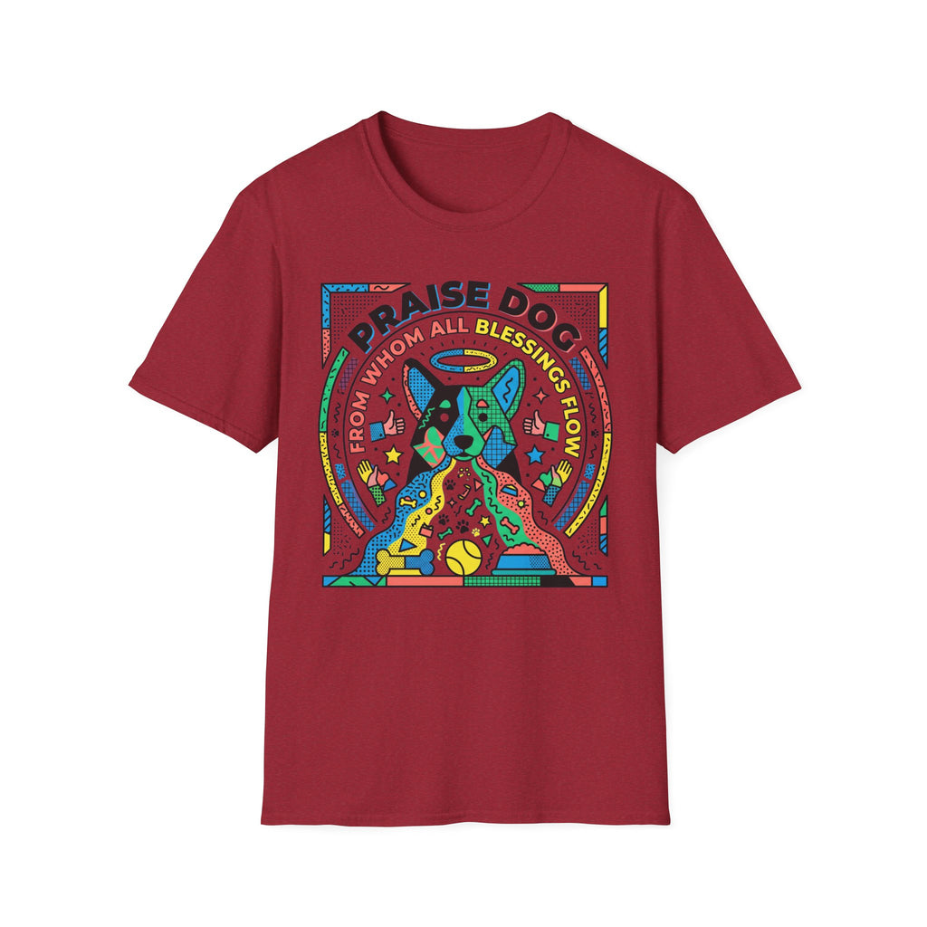 Praise Dog From Whom All Blessings Flow Geometric T-Shirt flat lay in cardinal red, featuring a bold pop-art style graphic of a colorful geometric dog with a halo, surrounded by stars, thumbs up, and dog toy icons in vivid primary colors.
