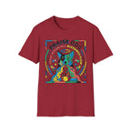 Praise Dog From Whom All Blessings Flow Geometric T-Shirt flat lay in cardinal red, featuring a bold pop-art style graphic of a colorful geometric dog with a halo, surrounded by stars, thumbs up, and dog toy icons in vivid primary colors.
