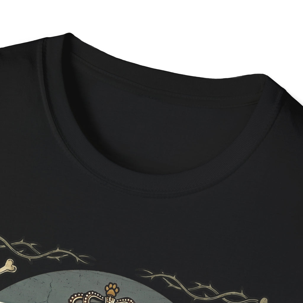 For the Love of Dog Whippet T-Shirt close-up detail of the collar and top of the graphic on a sage green shirt showing the ornate thorn border and dog crown.