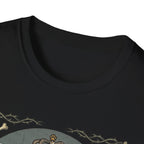 For the Love of Dog Whippet T-Shirt close-up detail of the collar and top of the graphic on a sage green shirt showing the ornate thorn border and dog crown.