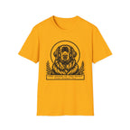 Holy Orders | Newfoundland T-Shirt detail view featuring a stained glass style illustration of a Newfoundland depicted as a holy figure with a golden halo and the text 'Holy Orders.'