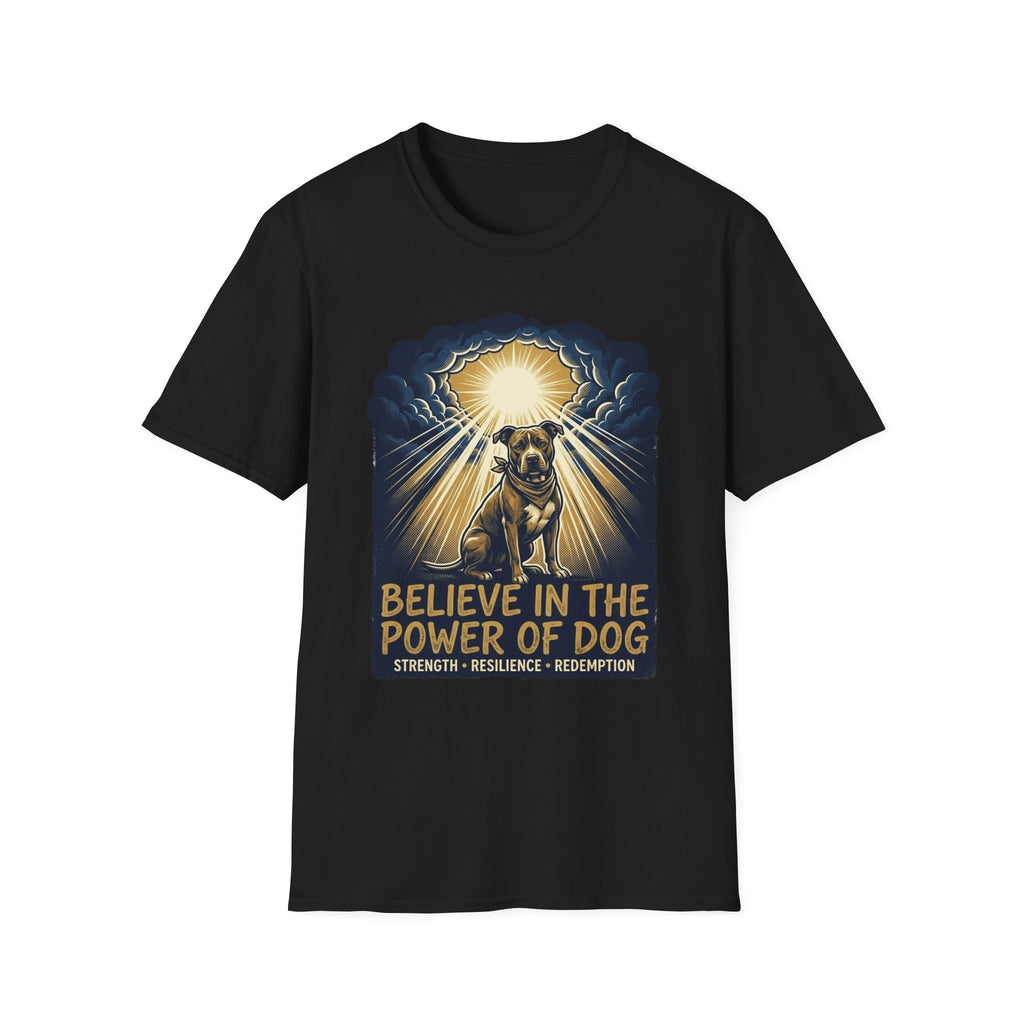 Believe in the Power Pitbull Clouds T-Shirt in black, flat lay, featuring a dramatic illustrated graphic of a brindle Pitbull standing before a burst of heavenly light breaking through storm clouds, with text reading Believe in the Power of Dog and Strength, Resilience, Redemption.