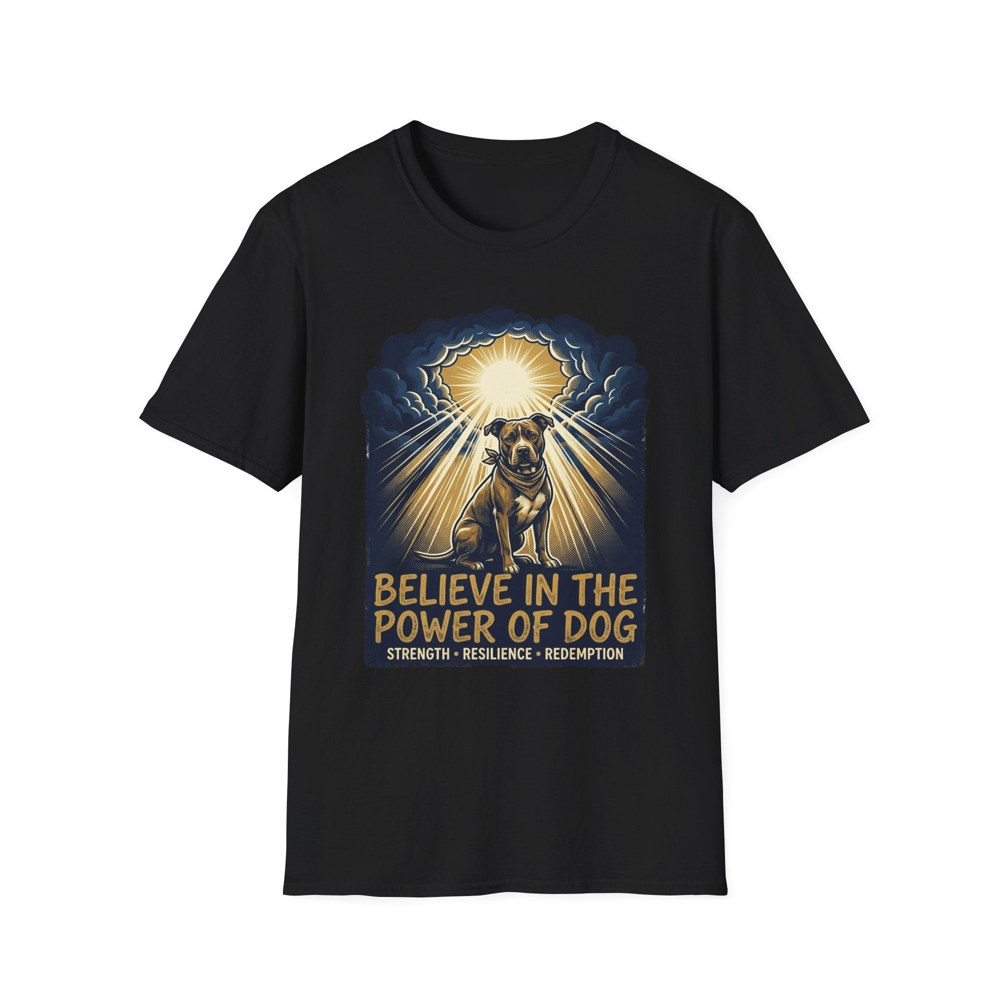 Believe in the Power Pitbull Clouds T-Shirt in black, flat lay, featuring a dramatic illustrated graphic of a brindle Pitbull standing before a burst of heavenly light breaking through storm clouds, with text reading Believe in the Power of Dog and Strength, Resilience, Redemption.