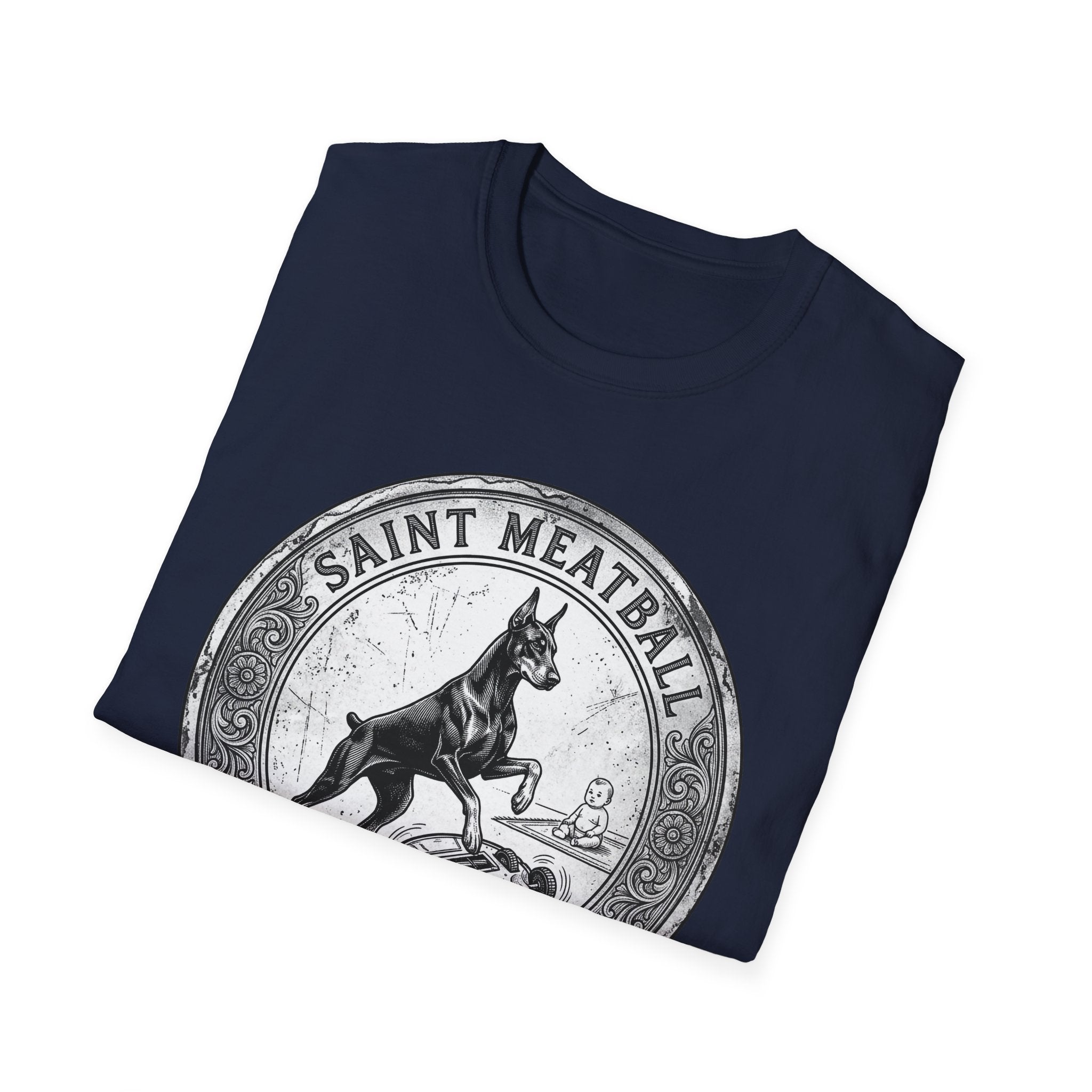 Saint Meatball Defend Us T-Shirt folded flat lay on navy blue shirt showing the Doberman saint medallion design.