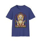 Let Go Let Dog Poodle T-Shirt, flat lay on royal blue tee featuring a stained-glass style poodle depicted as a spiritual figure with paws raised and the text Let Go and Let Dog.