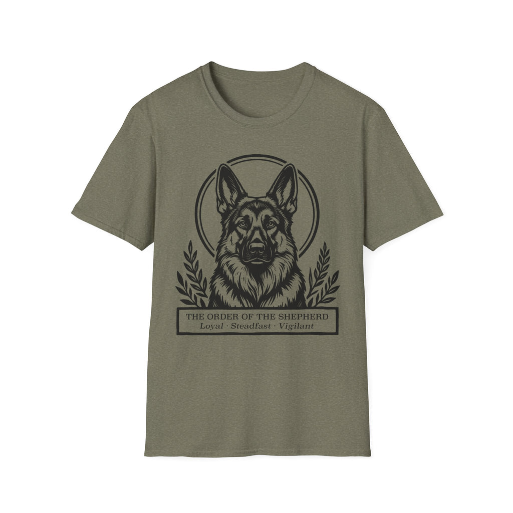Holy Orders | German Shepherd T-Shirt flat lay on navy shirt featuring a stained glass style illustration of a German Shepherd depicted as a holy figure with a golden halo and the text 'Holy Orders.'
