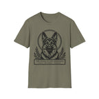 Holy Orders | German Shepherd T-Shirt flat lay on navy shirt featuring a stained glass style illustration of a German Shepherd depicted as a holy figure with a golden halo and the text 'Holy Orders.'