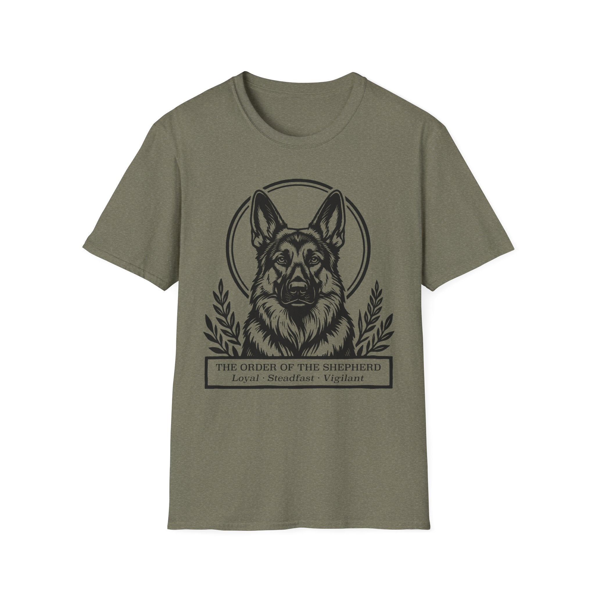 Holy Orders | German Shepherd T-Shirt flat lay on navy shirt featuring a stained glass style illustration of a German Shepherd depicted as a holy figure with a golden halo and the text 'Holy Orders.'