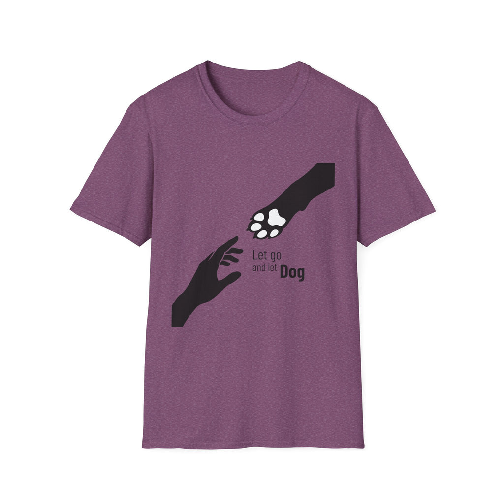 Let Go Let Dog Paw T-Shirt, flat lay on heather purple tee featuring a bold silhouette graphic of a human hand reaching toward a dog paw with the text Let go and let Dog.