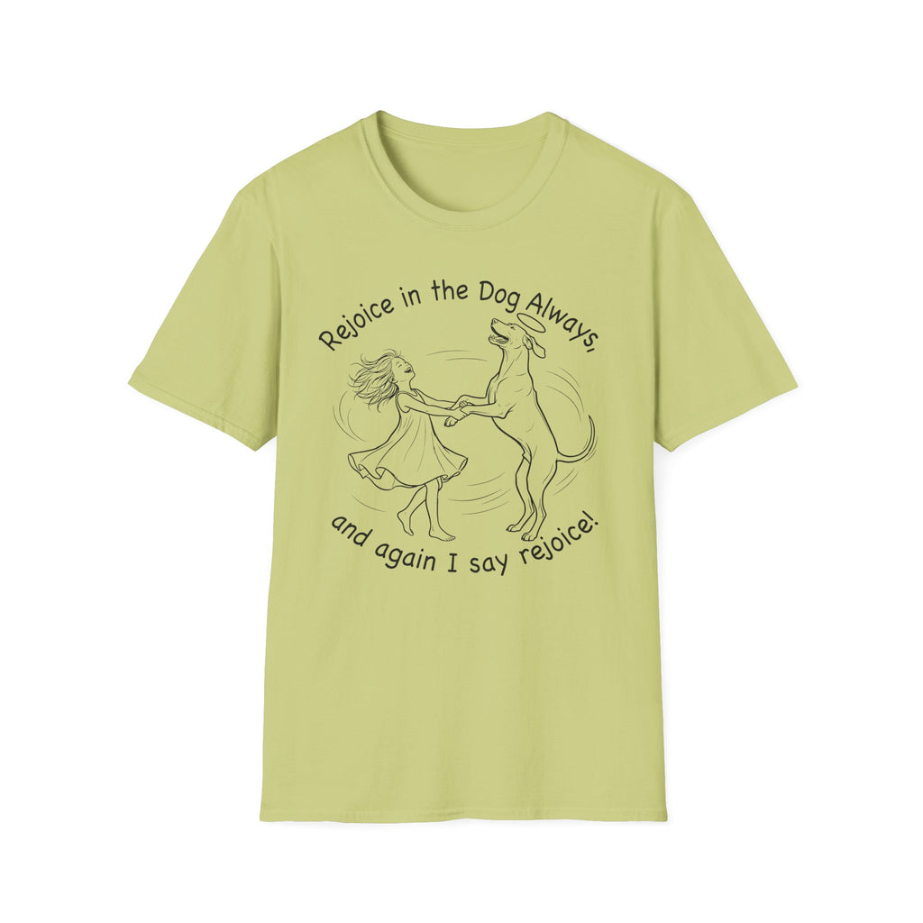Rejoice in the Dog Rhodesian Ridgeback T-Shirt in lime green, flat lay mockup showing a woman joyfully dancing with a rearing Rhodesian Ridgeback line-art illustration and the text 'Rejoice in the Dog Always, and again I say rejoice!'
