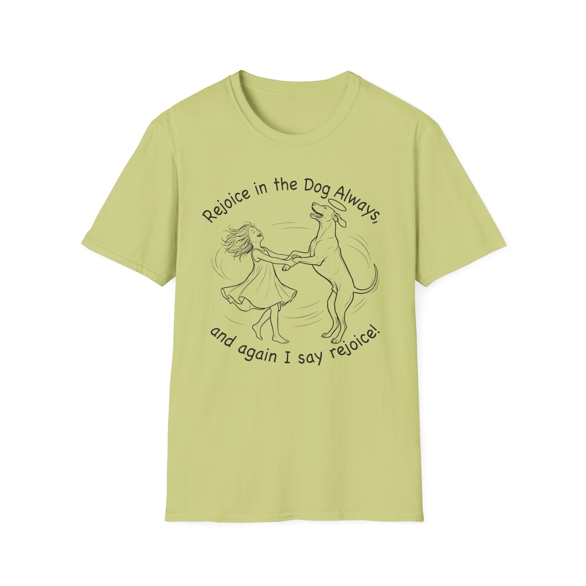 Rejoice in the Dog Rhodesian Ridgeback T-Shirt in lime green, flat lay mockup showing a woman joyfully dancing with a rearing Rhodesian Ridgeback line-art illustration and the text 'Rejoice in the Dog Always, and again I say rejoice!'