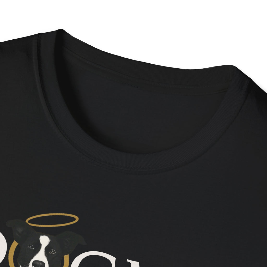 Dogma House Logo Dark T-Shirt close-up detail on black, showing the upper chest area with the halo-wearing black-and-white dog forming the letter O in the Dogma House logo.