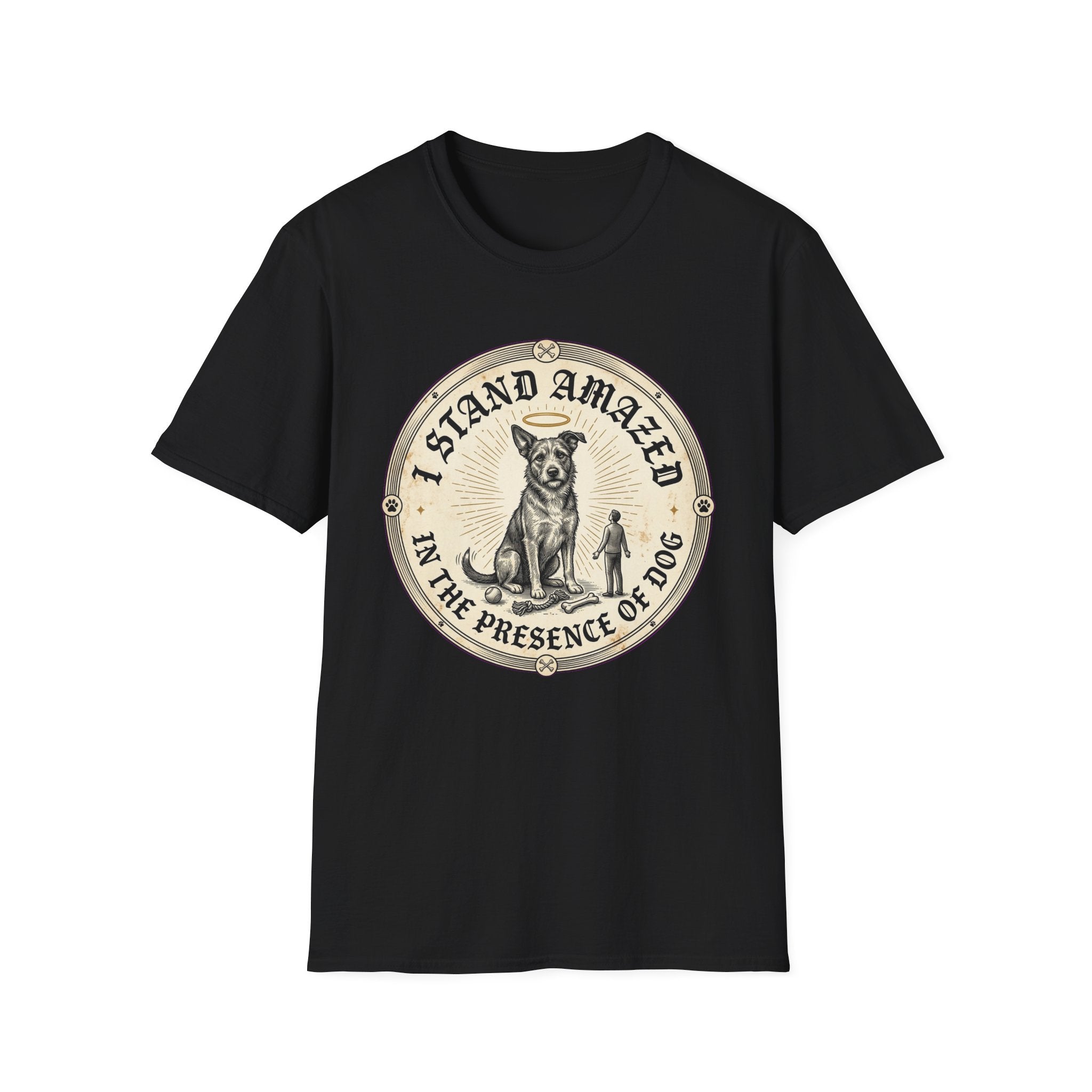 I Stand Amazed Rescue Mutt T-Shirt in black, flat lay front view featuring a vintage-style circular graphic of a halo-wearing mixed-breed rescue dog with the text 'I Stand Amazed in the Presence of Dog.'