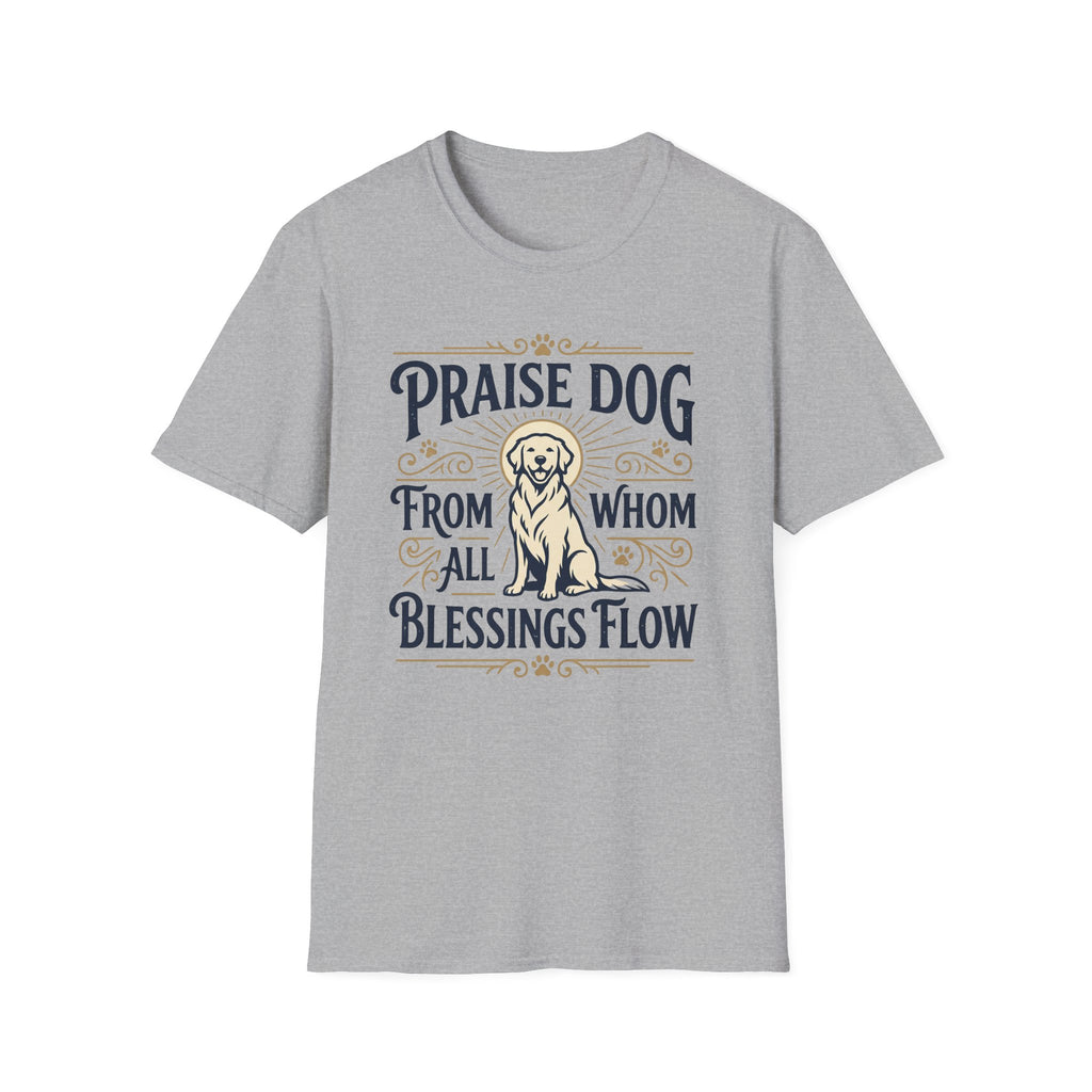 Praise Dog From Whom All Blessings Flow Golden Retriever T-Shirt flat lay in heather gray, featuring a vintage-style graphic of a seated golden retriever with a glowing halo, surrounded by ornate scroll flourishes and paw print accents.