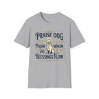 Praise Dog From Whom All Blessings Flow Golden Retriever T-Shirt flat lay in heather gray, featuring a vintage-style graphic of a seated golden retriever with a glowing halo, surrounded by ornate scroll flourishes and paw print accents.