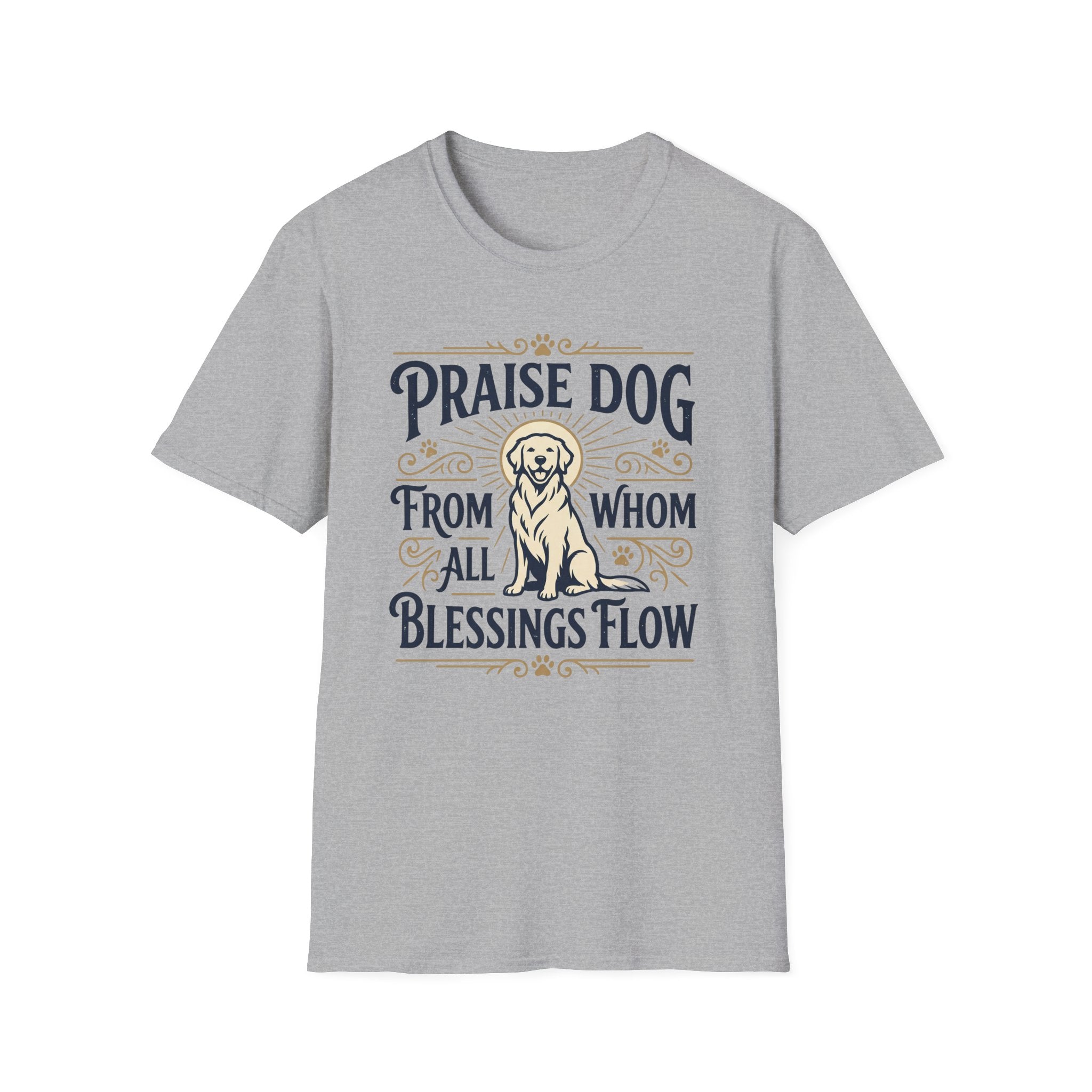 Praise Dog From Whom All Blessings Flow Golden Retriever T-Shirt flat lay in heather gray, featuring a vintage-style graphic of a seated golden retriever with a glowing halo, surrounded by ornate scroll flourishes and paw print accents.