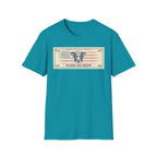 In Dog We Trust Bill T-Shirt flat lay in teal, featuring a currency-style graphic of a dog portrait with a halo set against a vintage American flag, printed with the text 'In Dog We Trust.'