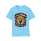 What Would Dog Do Chocolate Lab T-Shirt flat lay on light blue, featuring an ornate gold WWDD badge with a halo-wearing chocolate Labrador and crossbones and the text 'What Would Dog Do?'