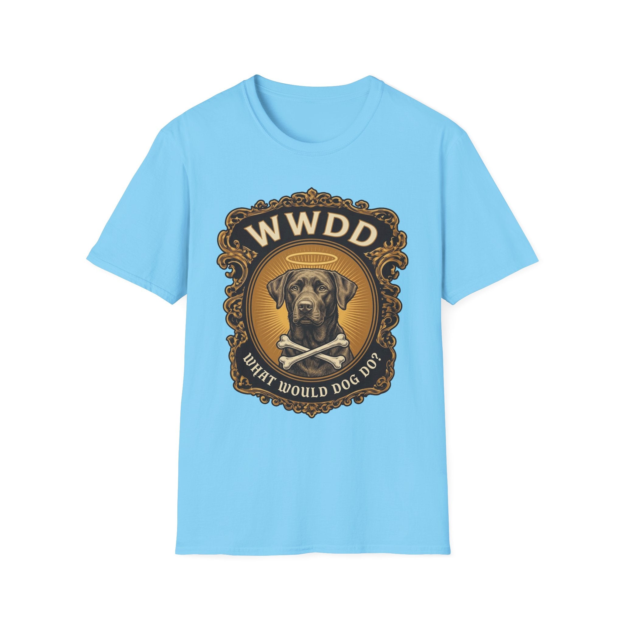 What Would Dog Do Chocolate Lab T-Shirt flat lay on light blue, featuring an ornate gold WWDD badge with a halo-wearing chocolate Labrador and crossbones and the text 'What Would Dog Do?'
