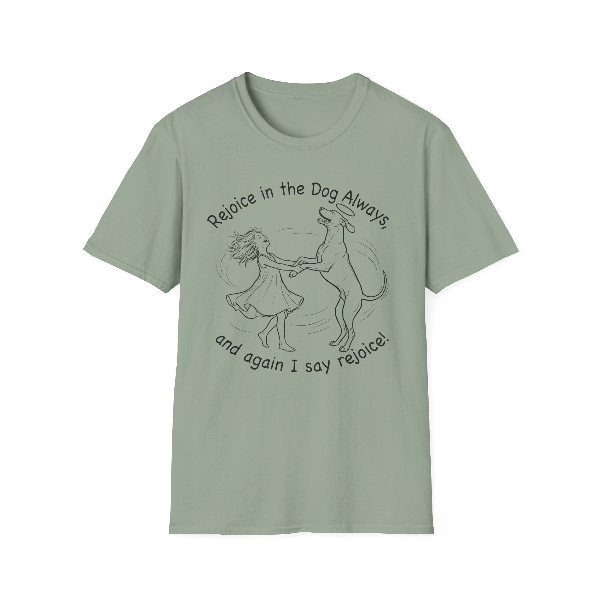 Rejoice in the Dog Rhodesian Ridgeback T-Shirt in sage green, flat lay mockup showing a woman joyfully dancing with a rearing Rhodesian Ridgeback line-art illustration and the text 'Rejoice in the Dog Always, and again I say rejoice!'