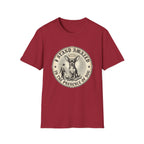I Stand Amazed Chihuahua T-Shirt in cardinal red, flat lay front view featuring a vintage-style circular graphic of a Chihuahua with a halo seated above a small human figure bowing in reverence, with the text 'I Stand Amazed in the Presence of Dog.'